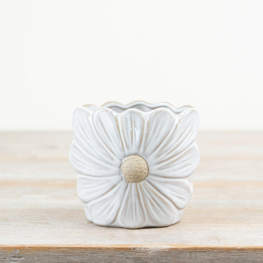 Daisy White Ceramic Vase 10cm – Decorative Planter, Flower Pot with Rich Glazed Finish