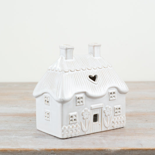 Floral Candle House 16cm – Neutral Ceramic Tealight Holder with Thatched Roof Design