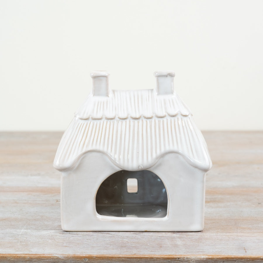 Floral Candle House 16cm – Neutral Ceramic Tealight Holder with Thatched Roof Design
