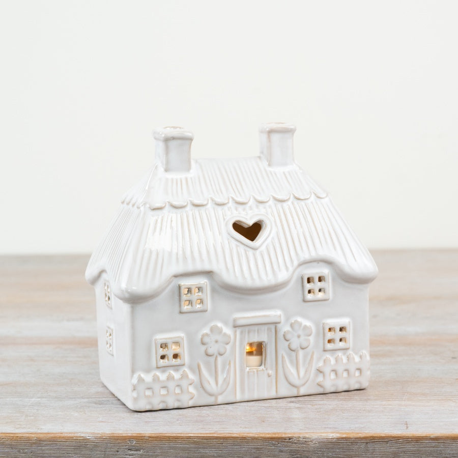 Floral Candle House 16cm – Neutral Ceramic Tealight Holder with Thatched Roof Design