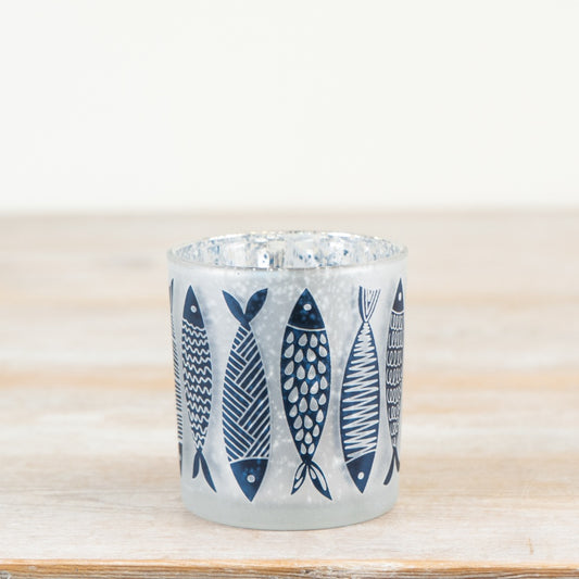 Fish Pattern Glass Candle Holder 8cm – Coastal Tealight Holder, Nautical Ocean-Themed Home Decor Accent