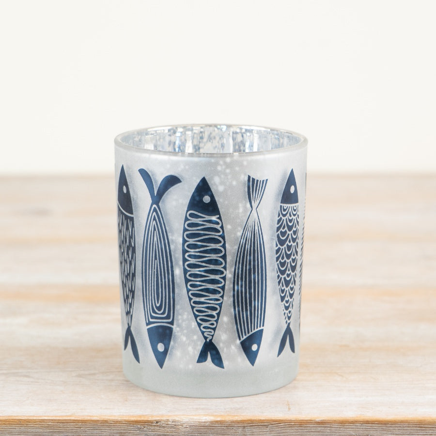 Fish Pattern Glass Candle Holder 12.5cm – Coastal Tealight Holder, Nautical Ocean-Themed Home Decor Accent