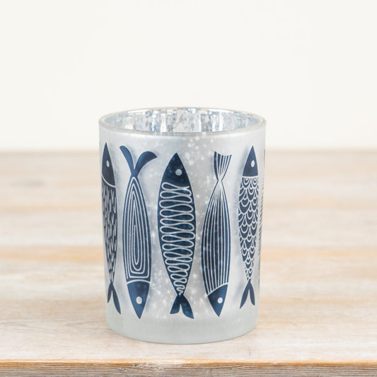 Fish Pattern Glass Candle Holder 12.5cm – Coastal Tealight Holder, Nautical Ocean-Themed Home Decor Accent