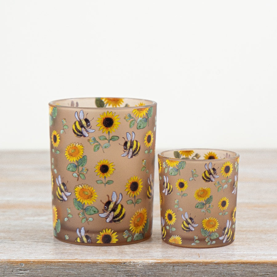 Glass Bee & Sunflower Candle Holder 8cm – Floral Tealight Holder, Rustic Spring Decor with Bee Design