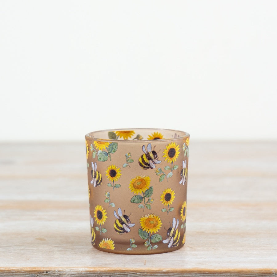 Glass Bee & Sunflower Candle Holder 8cm – Floral Tealight Holder, Rustic Spring Decor with Bee Design