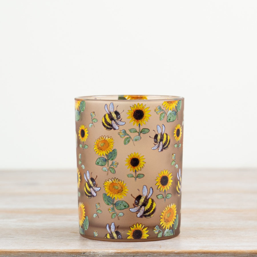 Glass Bee & Sunflower Candle Holder 12.5cm – Floral Tealight Holder, Rustic Spring Decor with Bee Design