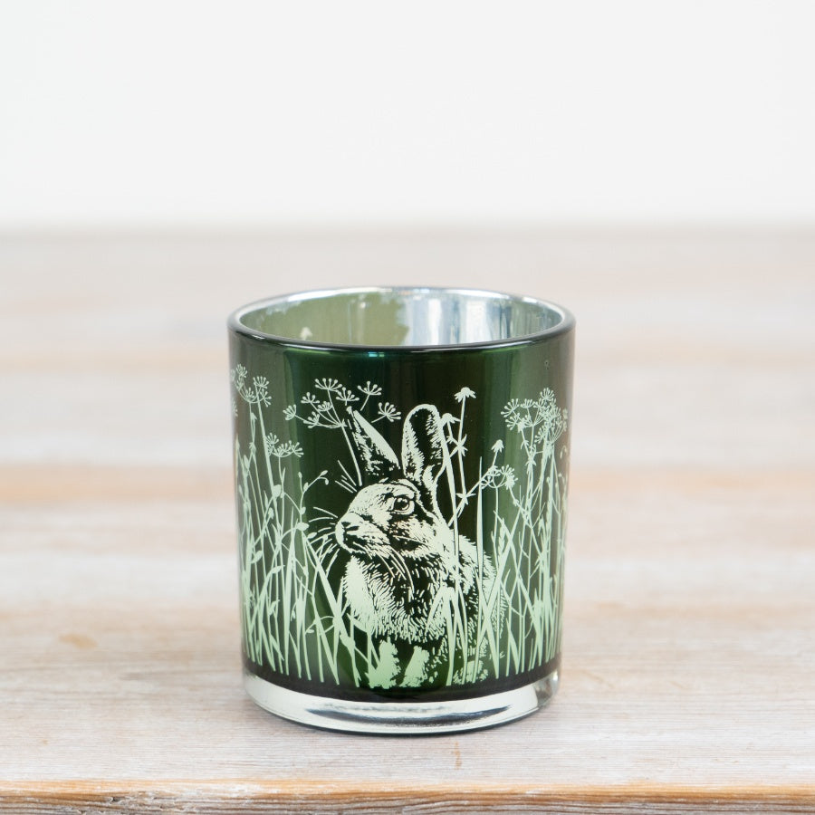 Green Glass Rabbit & Flower Candle Holder 8cm – Floral Tealight Holder, Easter Bunny Decor for Cosy Home Lighting