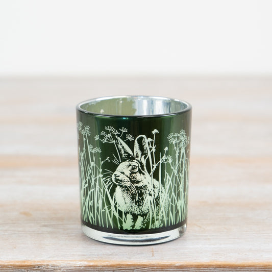 Green Glass Rabbit & Flower Candle Holder 8cm – Floral Tealight Holder, Easter Bunny Decor for Cosy Home Lighting