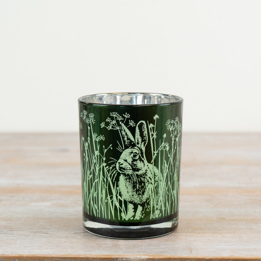 Rabbit & Flower Glass Candle Holder 12.5cm – Green Tealight Holder, Spring Bunny Decor Accent for Home Styling