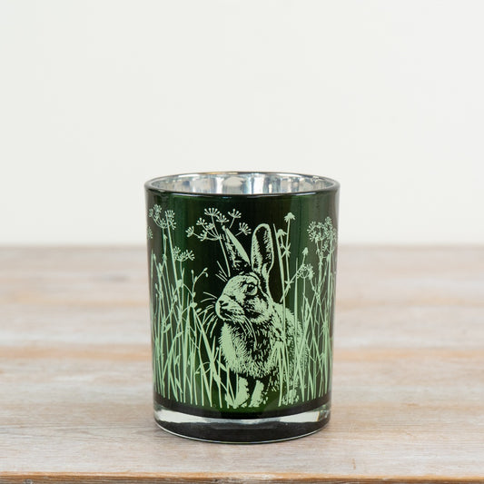 Rabbit & Flower Glass Candle Holder 12.5cm – Green Tealight Holder, Spring Bunny Decor Accent for Home Styling