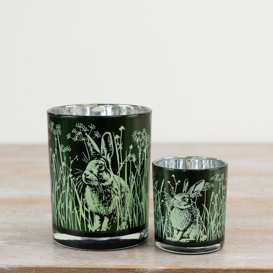 Rabbit & Flower Glass Candle Holder 12.5cm – Green Tealight Holder, Spring Bunny Decor Accent for Home Styling