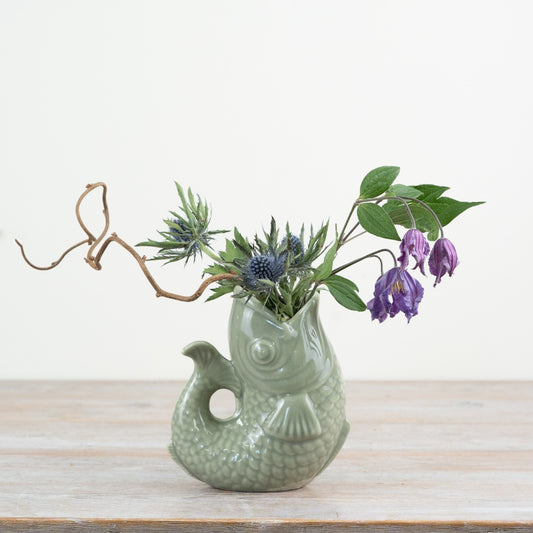 Sage Green Fish Vase – 14.7cm Playful Ceramic Decorative Vase, Unique Home & Gift Accent