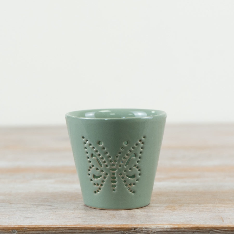 Sage Butterfly Candle Holder 8.2cm – Glazed Tealight Decoration with Cutout Design