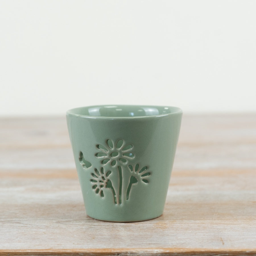 Flower Cutout Candle Holder 8.2cm – Sage Green Glazed Tealight Decoration