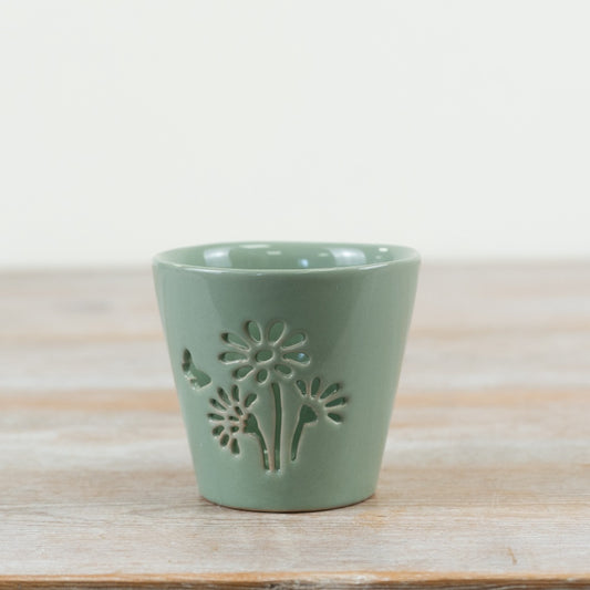 Flower Cutout Candle Holder 8.2cm – Sage Green Glazed Tealight Decoration