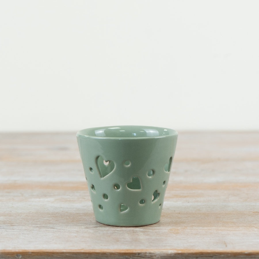 Green Hearts Candle Holder 8.2cm – Mini Heart Cutout Tealight Decoration