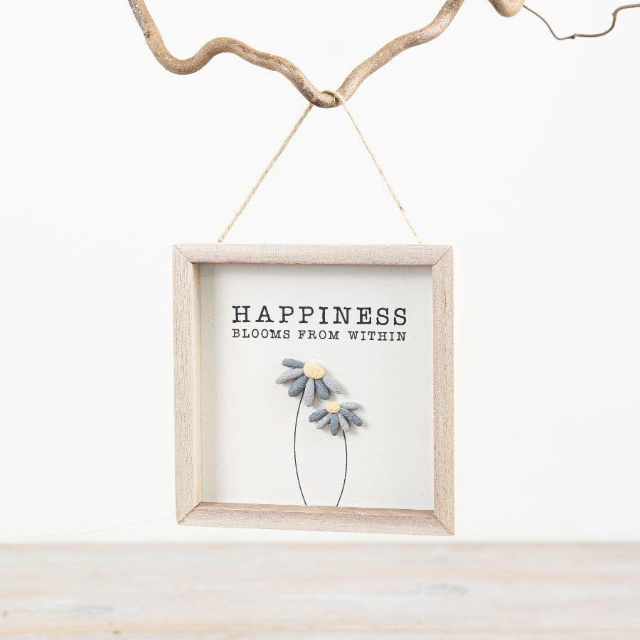 Happiness Pebble Sign 13cm – Hanging Flower Plaque, Rustic Natural Home Décor