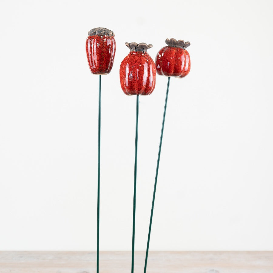 Red Ovary-Flower Garden Stakes 64cm – Set of 3 Metal Decorative Plant Stakes