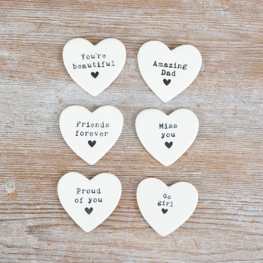 Go Girl Heart Token 4cm – White Glazed Ceramic Heart with Inspirational Message
