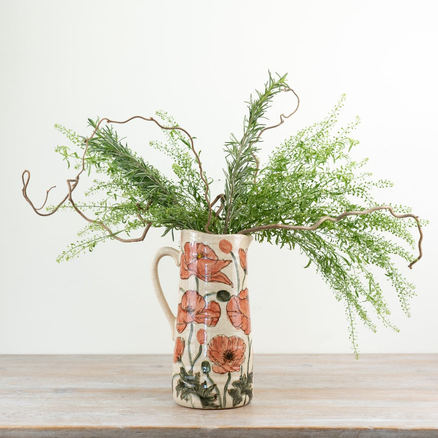 Tall Poppy Vase Jug 27.5cm – Rustic Ceramic Floral Vase with Handle & Spout for Home Décor