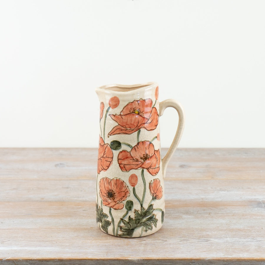 Tall Poppy Vase Jug 27.5cm – Rustic Ceramic Floral Vase with Handle & Spout for Home Décor