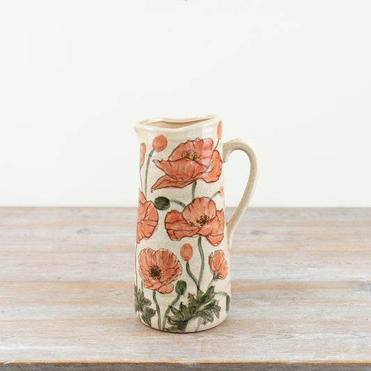 Tall Poppy Vase Jug 27.5cm – Rustic Ceramic Floral Vase with Handle & Spout for Home Décor