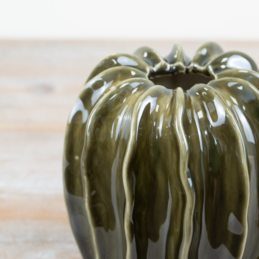 Olive Green Pod Ceramic Vase 18cm – Decorative Vase with Glossy Glaze Finish