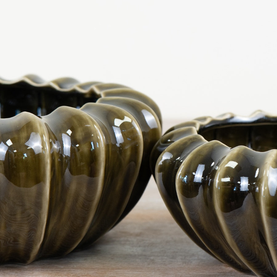 Olive Green Pod Bowl Vase 20cm – Glazed Decorative Vase for Home Décor