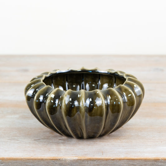 Olive Green Pod Bowl Vase 20cm – Glazed Decorative Vase for Home Décor