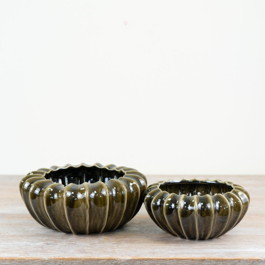 Olive Green Pod Bowl Vase 25cm – Glazed Decorative Vase for Home Décor