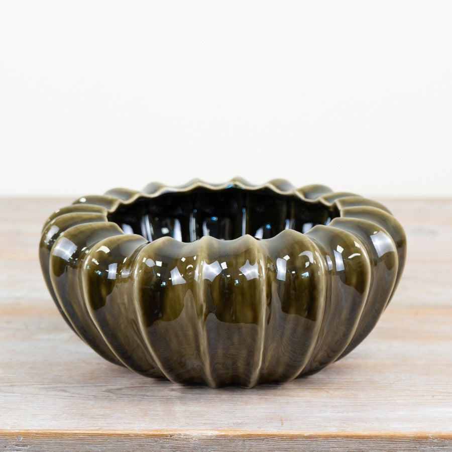 Olive Green Pod Bowl Vase 25cm – Glazed Decorative Vase for Home Décor
