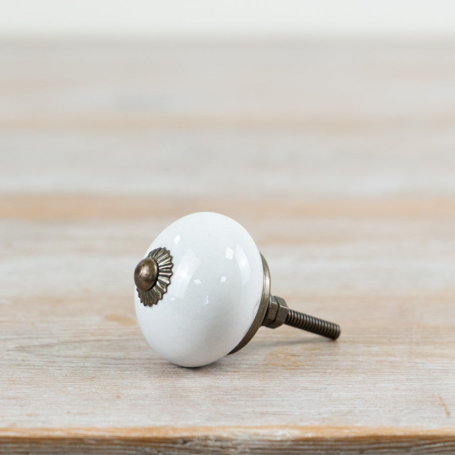 White Ceramic Door Knob 7cm – Brass Base Vintage Drawer Handle, Classic Furniture Knob for Cabinets & Doors