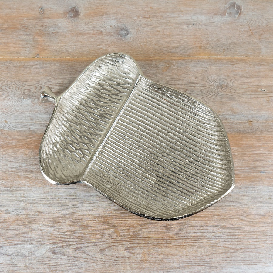 Acorn Trinket Dish – 36cm Silver Aluminium Autumn Décor Bowl