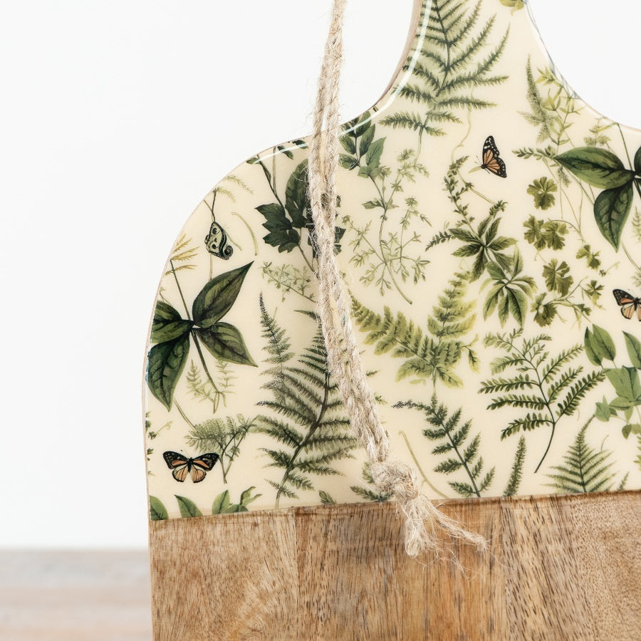 Fern Print Enamel Wooden Board – 50cm Rustic Wall Hanging Decor with Butterflies
