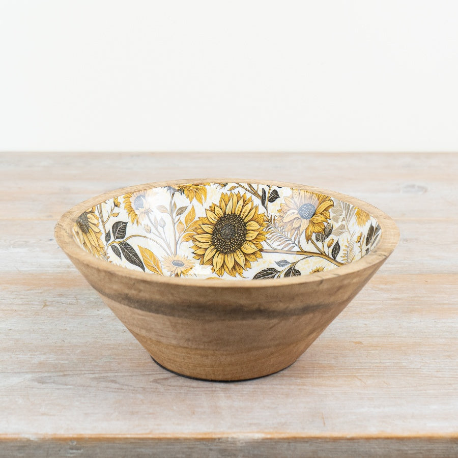 Sunflower Enamel Mango Wood Bowl – 23cm Decorative Kitchen & Table Accent