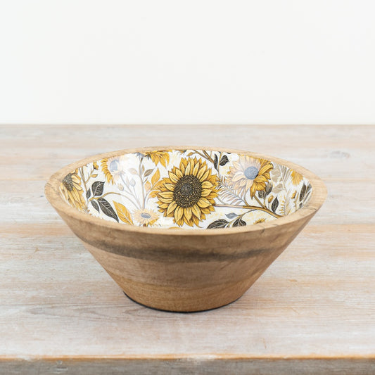 Sunflower Enamel Mango Wood Bowl – 23cm Decorative Kitchen & Table Accent