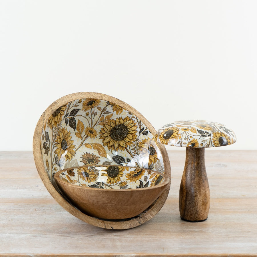 Sunflower Enamel Mango Wood Bowl – 23cm Decorative Kitchen & Table Accent