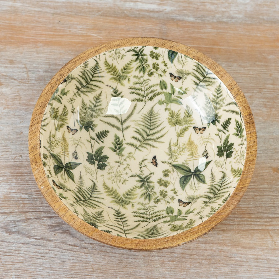 Fern & Butterfly Enamel Bowl – 17cm Wooden Decorative Dish, Nature-Inspired Design
