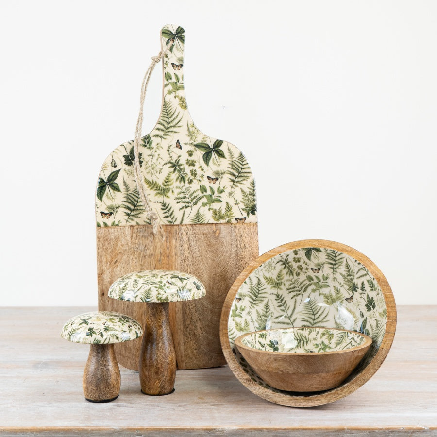 Fern Print Enamel Bowl – 23cm Rustic Mango Wood Serving Dish, Nature Design