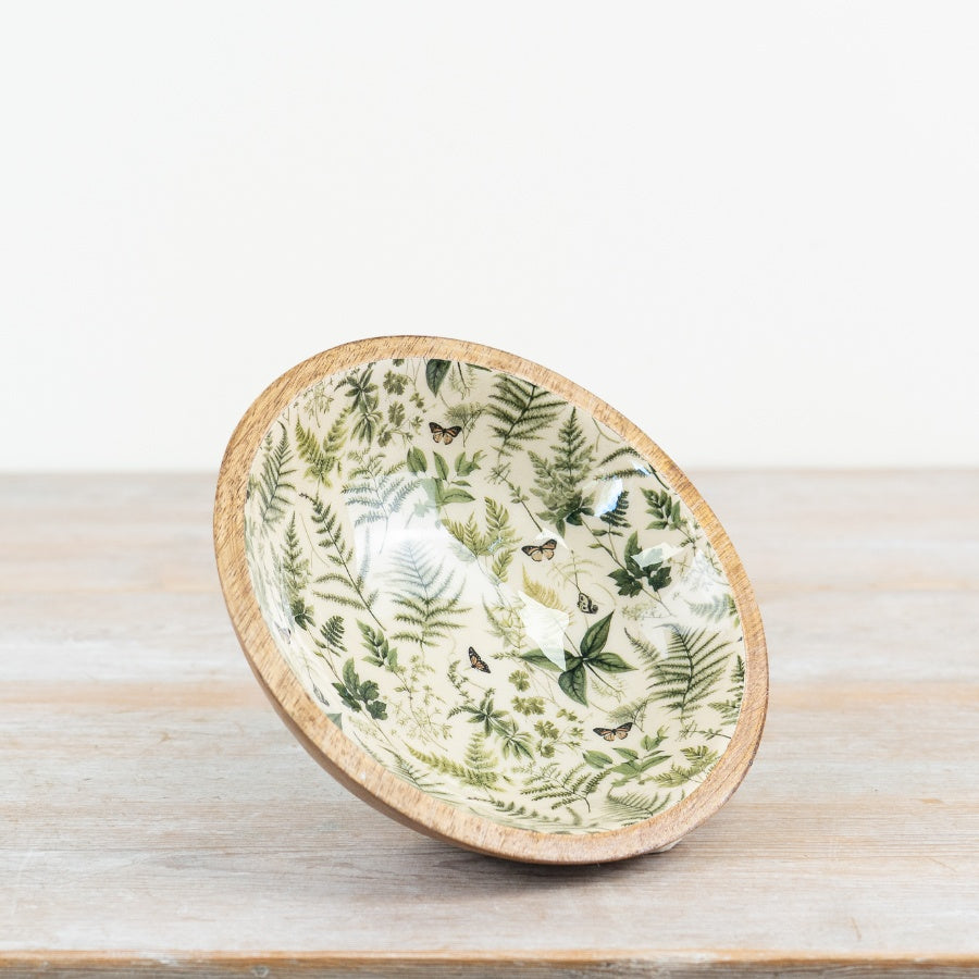 Fern Print Enamel Bowl – 23cm Rustic Mango Wood Serving Dish, Nature Design