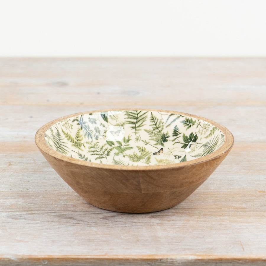 Fern Print Enamel Bowl – 23cm Rustic Mango Wood Serving Dish, Nature Design