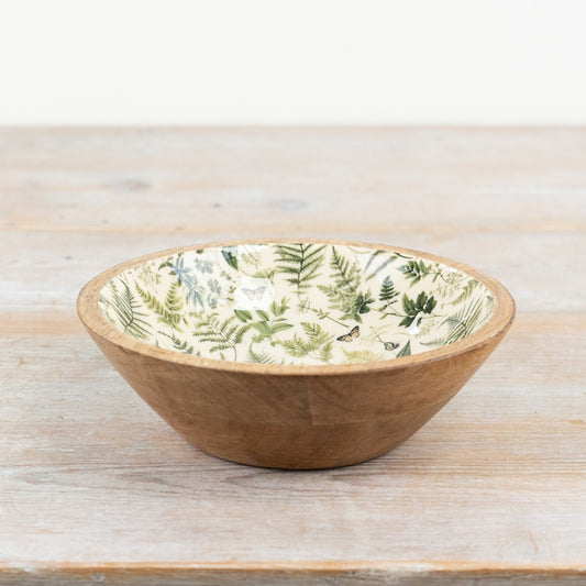 Fern Print Enamel Bowl – 23cm Rustic Mango Wood Serving Dish, Nature Design