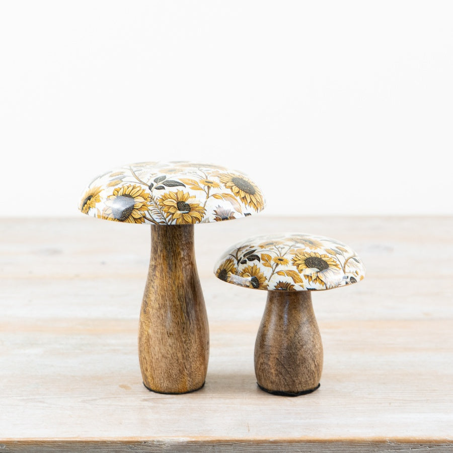 Sunflower Enamel Mushroom Ornament – 15cm Wooden Rustic Decorative Accent