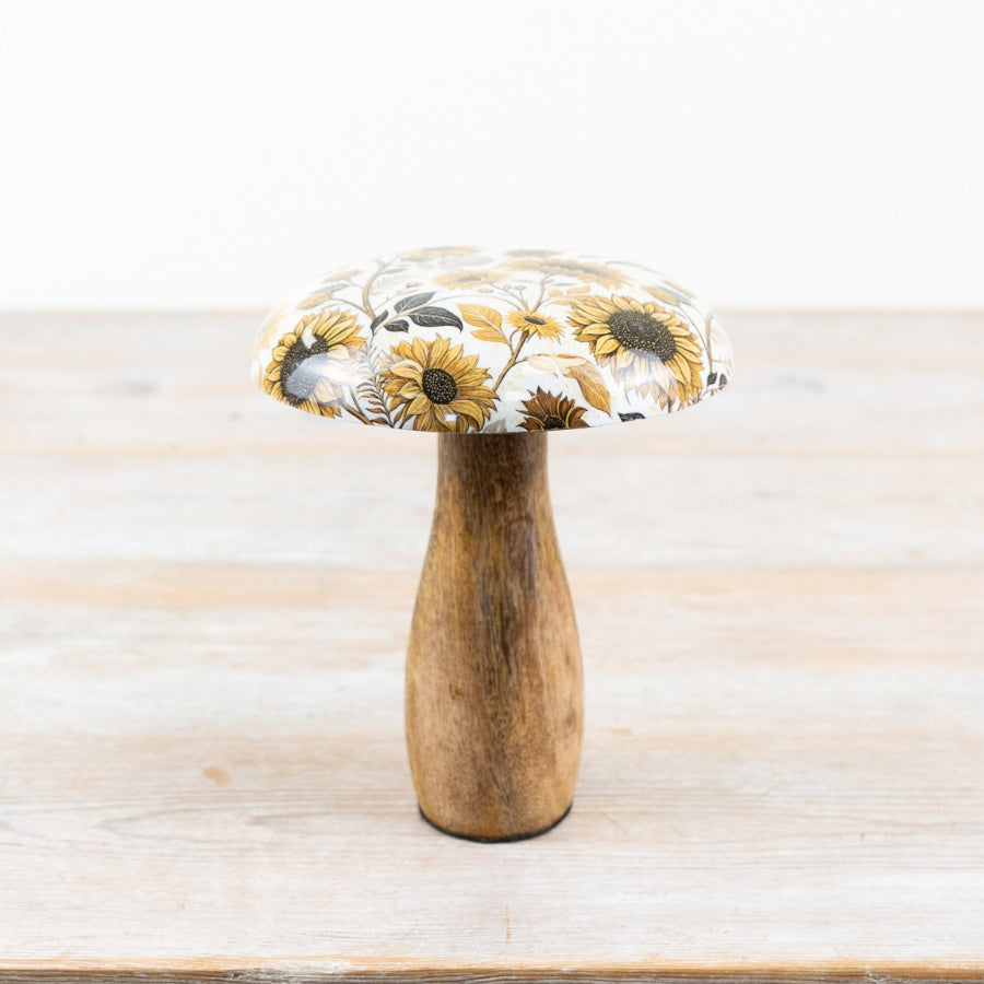Sunflower Enamel Mushroom Ornament – 15cm Wooden Rustic Decorative Accent