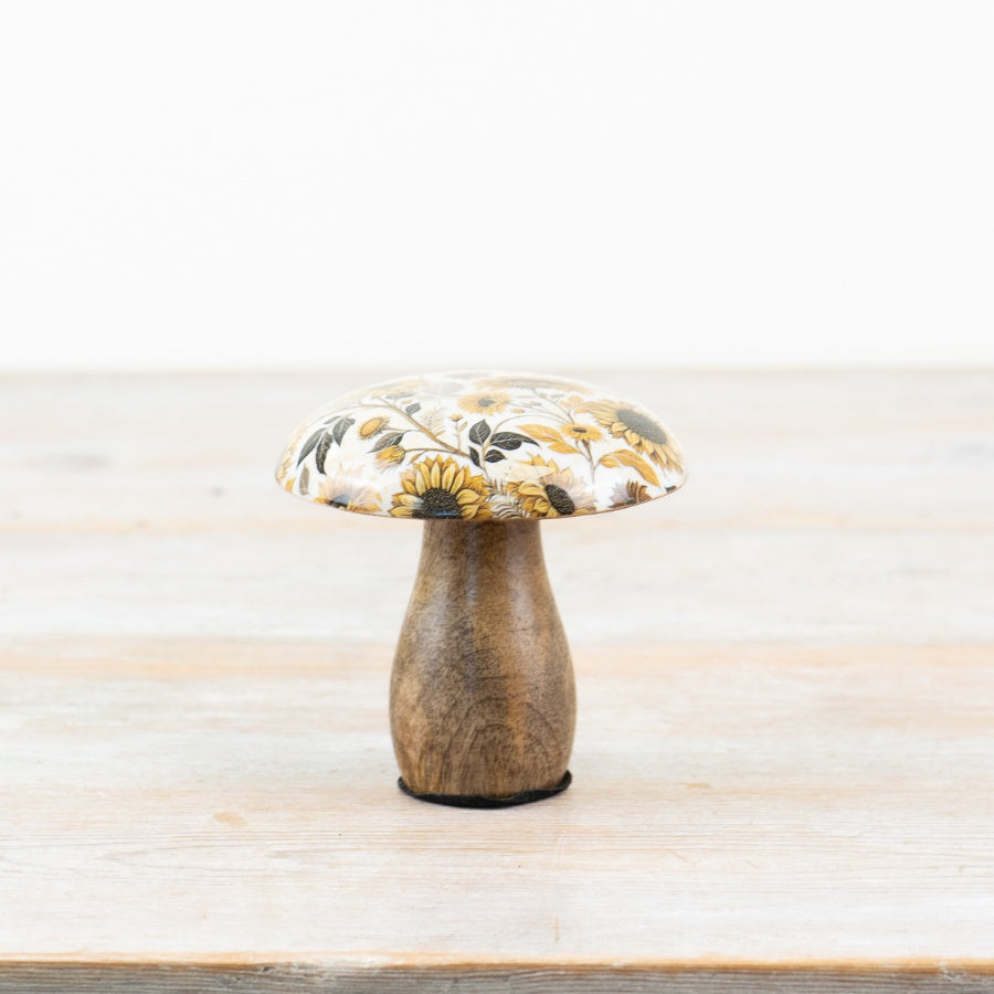 Sunflower Enamel Mushroom Ornament – 10cm Wooden Rustic Decorative Accent