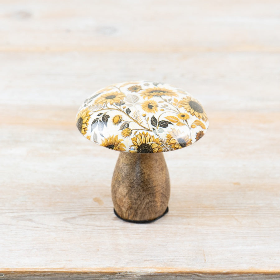 Sunflower Enamel Mushroom Ornament – 10cm Wooden Rustic Decorative Accent