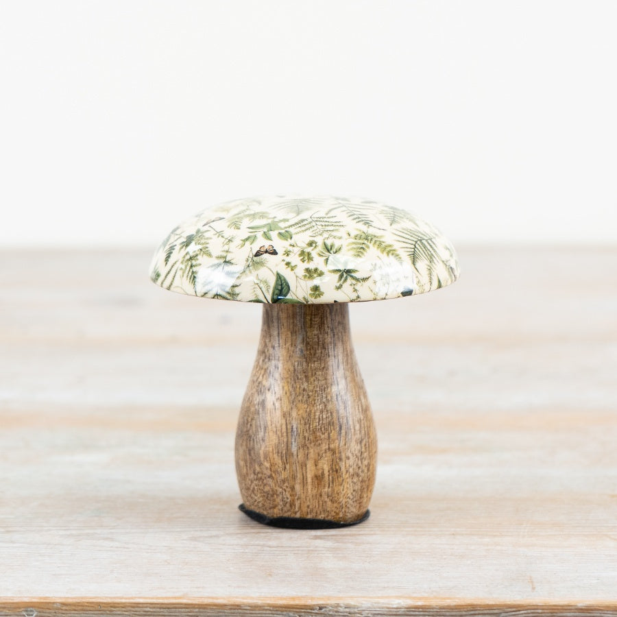 Fern Print Mushroom Ornament – 10cm Mango Wood & Enamel Decorative Accent