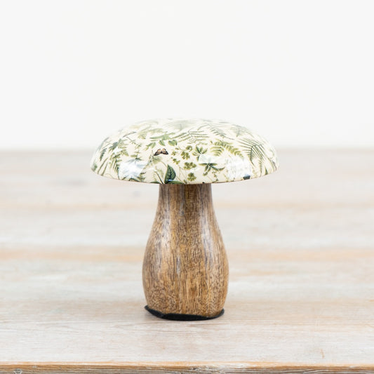 Fern Print Mushroom Ornament – 10cm Mango Wood & Enamel Decorative Accent