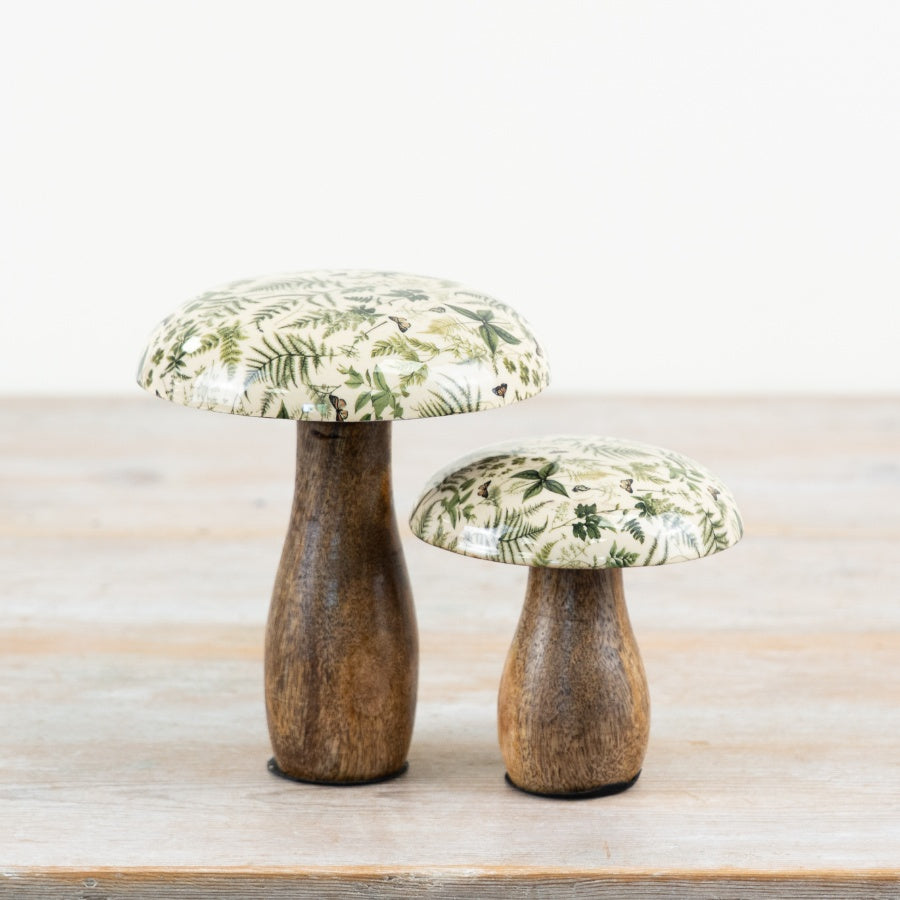 Fern Print Mushroom Ornament – 15cm Mango Wood & Enamel Decorative Accent
