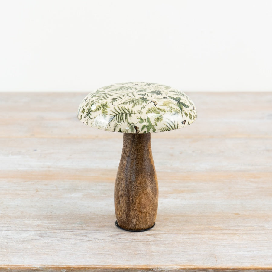 Fern Print Mushroom Ornament – 15cm Mango Wood & Enamel Decorative Accent